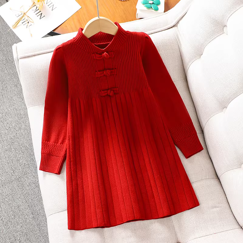 Váy áo len mùa đông cho bé gái, quần áo mùa đông trẻ em, váy công chúa, kiểu mới 2025, váy đỏ Tết, trang phục Tết kiểu Trung Hoa