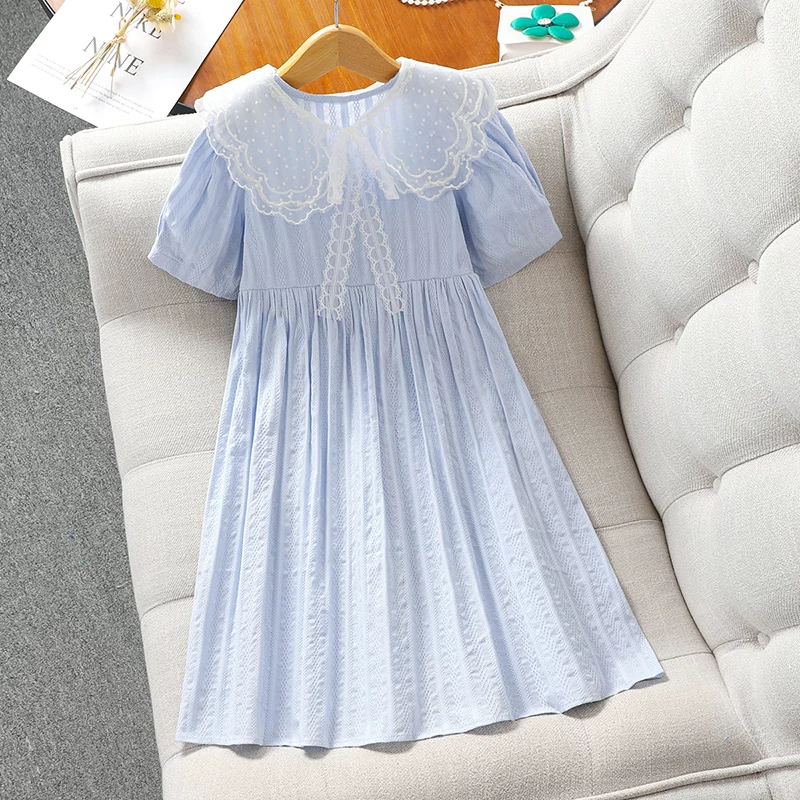 Váy mùa hè cho bé gái, phong cách Nhật Bản, dáng rộng, váy cotton nguyên chất sọc trẻ em, cổ ren dài đến đầu gối màu xanh, váy dài cho bé gái lớn