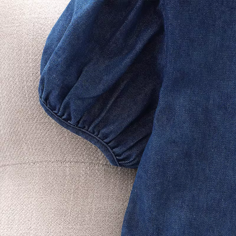 Váy denim ngắn tay thời trang cho bé gái, đầm hè 2025, kiểu dáng trẻ em, eo thon, váy thường ngày, đầm hè