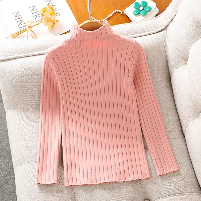 Áo len trẻ em xuân thu 2025 kiểu mới, áo len trắng cổ lọ nửa cao cho bé gái lớn, mặc trong mùa thu đông