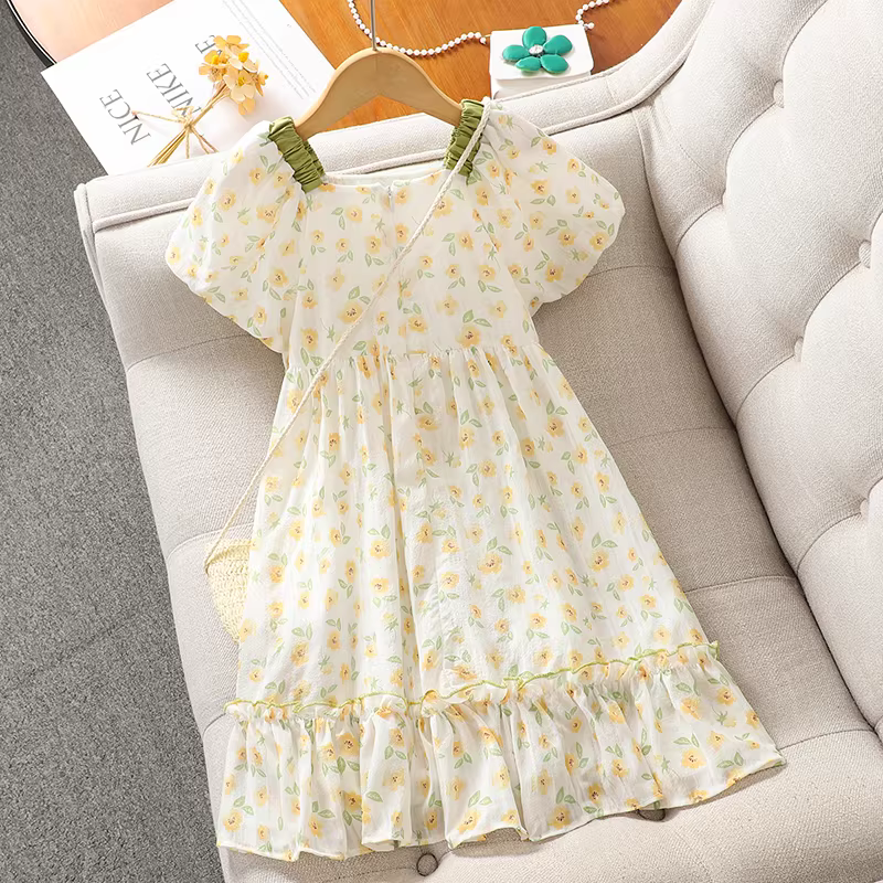 Váy hè kiểu công chúa cho bé gái lớn, tay bồng hoa nhí, kiểu mới 2025, váy hè cổ vuông cho bé gái
