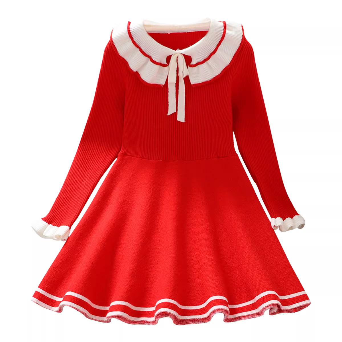 Váy len dày màu đỏ cho bé gái mùa đông 2025, váy công chúa Tết, áo len đầm cho trẻ lớn