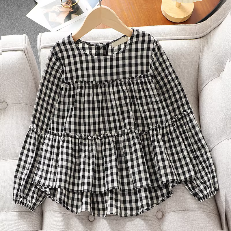 Áo sơ mi bé gái xuân thu 2025 kiểu dáng mới thời trang áo sơ mi dài tay kiểu búp bê cho trẻ lớn áo sơ mi kẻ ca rô mặc mùa thu