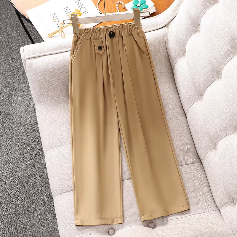 Quần đen nữ bé gái kiểu mới 2025, quần ống rộng dáng suông chất liệu vải lụa đá mát mẻ mùa hè dành cho bé gái lớn