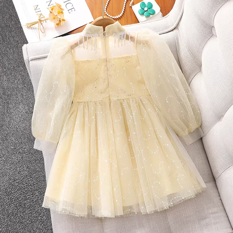 Váy đầm cao cấp cho bé gái, quần áo mùa xuân trẻ em 2025, váy công chúa mới, trang phục biểu diễn xuân thu, đầm trẻ em