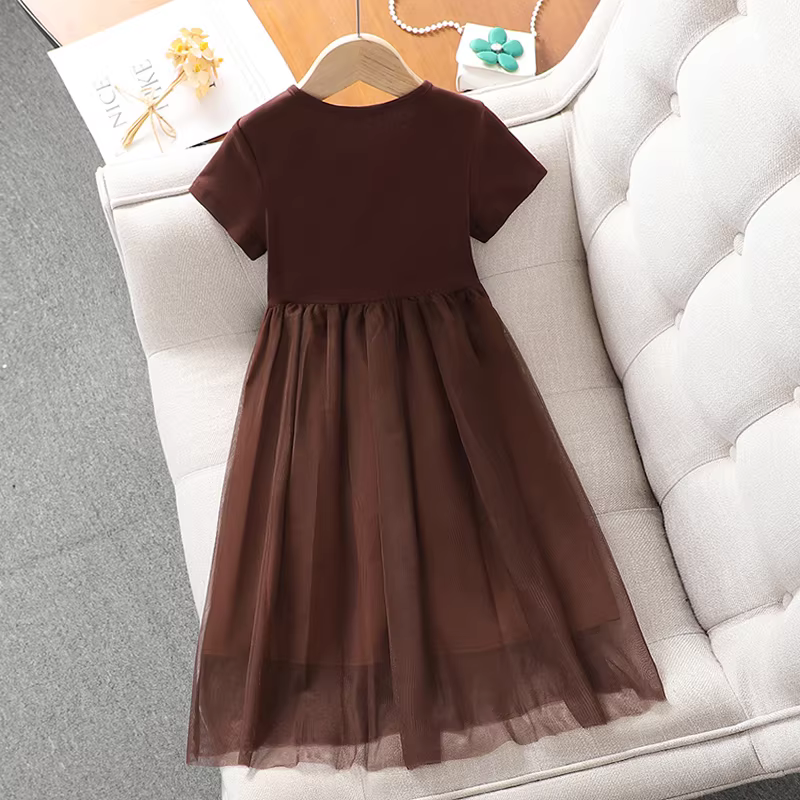 Váy bé gái hè 2025, váy hè trẻ em mới, váy lưới ngắn tay kiểu công chúa, váy ôm dáng cho bé gái mùa hè