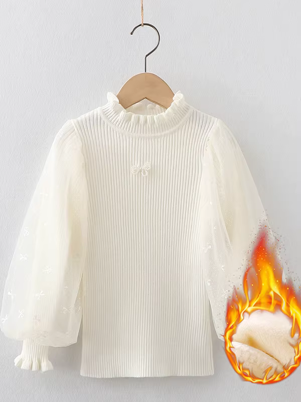 Áo sơ mi trắng cho bé gái mùa thu đông, áo len cổ lọ nửa cao cho trẻ em có tay phồng và lớp lót lông cừu, áo dệt kim cho bé gái.