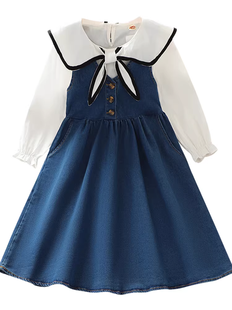 Bộ trang phục mùa xuân cho bé gái năm 2025, kiểu mới, gồm áo vest denim và váy hai mảnh dành cho trẻ lớn hơn