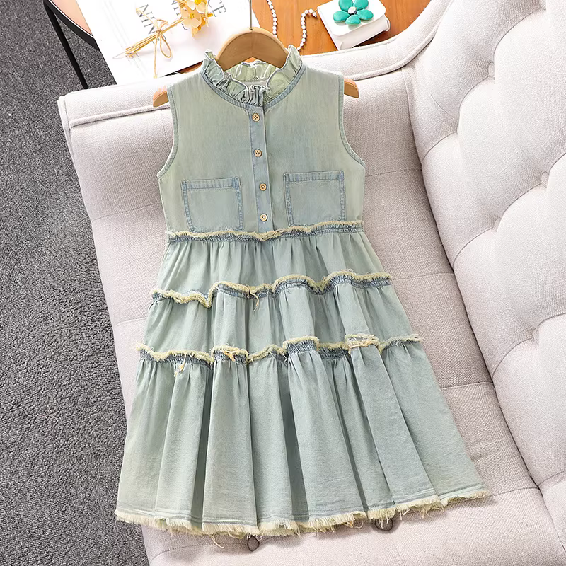 Váy bé gái hè 2025 kiểu mới, váy denim không tay, phong cách Hàn Quốc, váy trẻ em mỏng, kiểu thường ngày