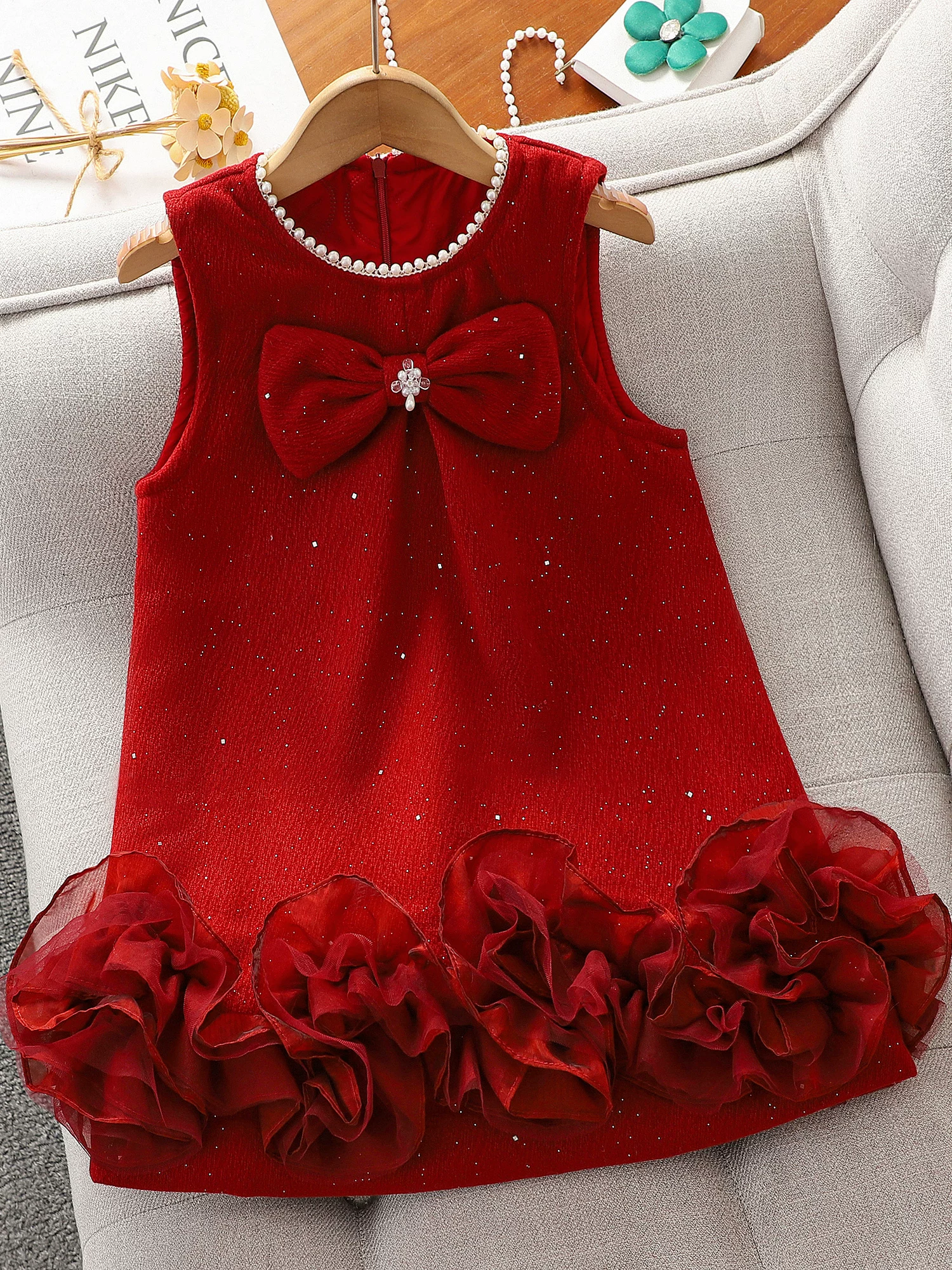 Bộ trang phục mùa đông kiểu vest của Chanel dành cho bé gái, váy áo len năm mới dành cho bé gái lớn, bộ váy năm mới mùa thu đông dành cho trẻ em