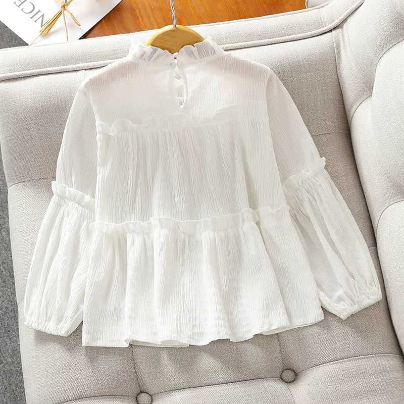 Áo thu đông cho bé gái, áo sơ mi phong cách Hàn Quốc, áo sơ mi cotton dáng rộng cho bé gái lớn, áo sơ mi dài tay màu trắng sành điệu cho trẻ em