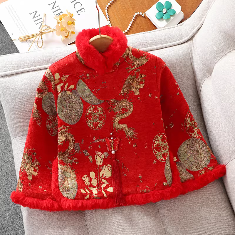 Áo khoác ngoài cho bé gái mùa thu đông 2025, quần áo cho bé gái lớn, áo Hanfu lót lông cừu, trang phục Tết, quần áo mùa đông, trang phục chào mừng năm mới cho trẻ em