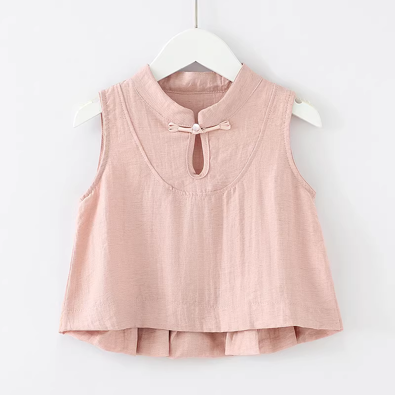 Bộ quần áo hè kiểu Trung Quốc mới cho bé gái năm 2025, áo kiểu dân tộc không tay, quần ống rộng chất liệu lụa đá mát lạnh