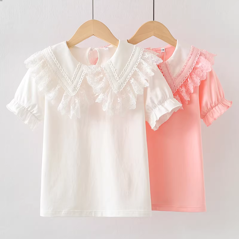Áo thun cotton nguyên chất cho bé gái 2025 kiểu mới tay ngắn mùa hè màu trắng đa năng cổ ren kiểu búp bê áo mỏng mùa hè