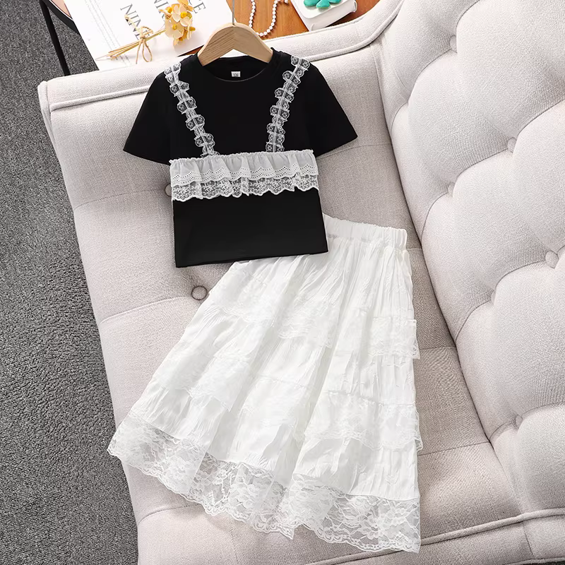 Váy hè bé gái 2025 kiểu mới váy bánh bèo ren bé gái lớn quần áo trẻ em váy công chúa mùa hè