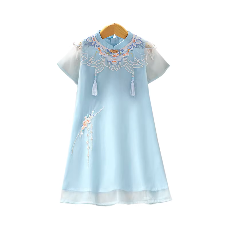 Váy Hanfu cho bé gái 2025, mẫu mới hè, kiểu sườn xám trẻ em, váy công chúa thời trang, váy voan phong cách Trung Hoa cho bé gái