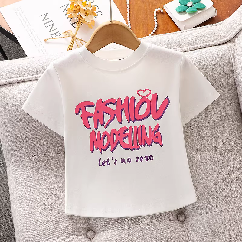 Quần áo mùa hè cho bé gái, kiểu dáng mới năm 2025, áo thun ngắn tay, mỏng, kiểu dáng năng động, áo thun bé gái cạp cao tay lửng mùa hè