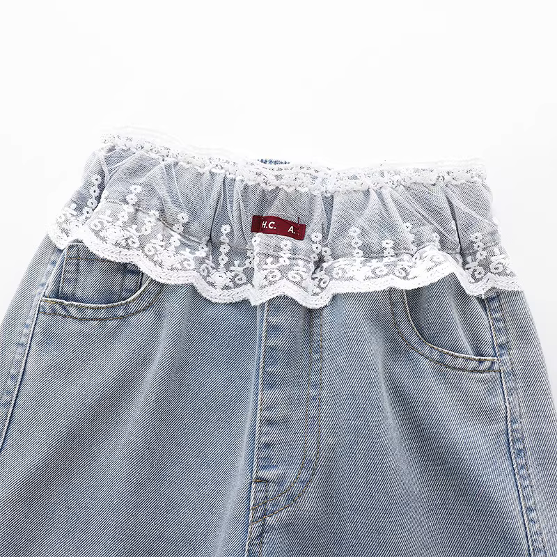 Quần nữ bé gái hè 2025 kiểu mới, quần ống đứng viền ren cho bé gái lớn, quần denim mùa hè thường ngày