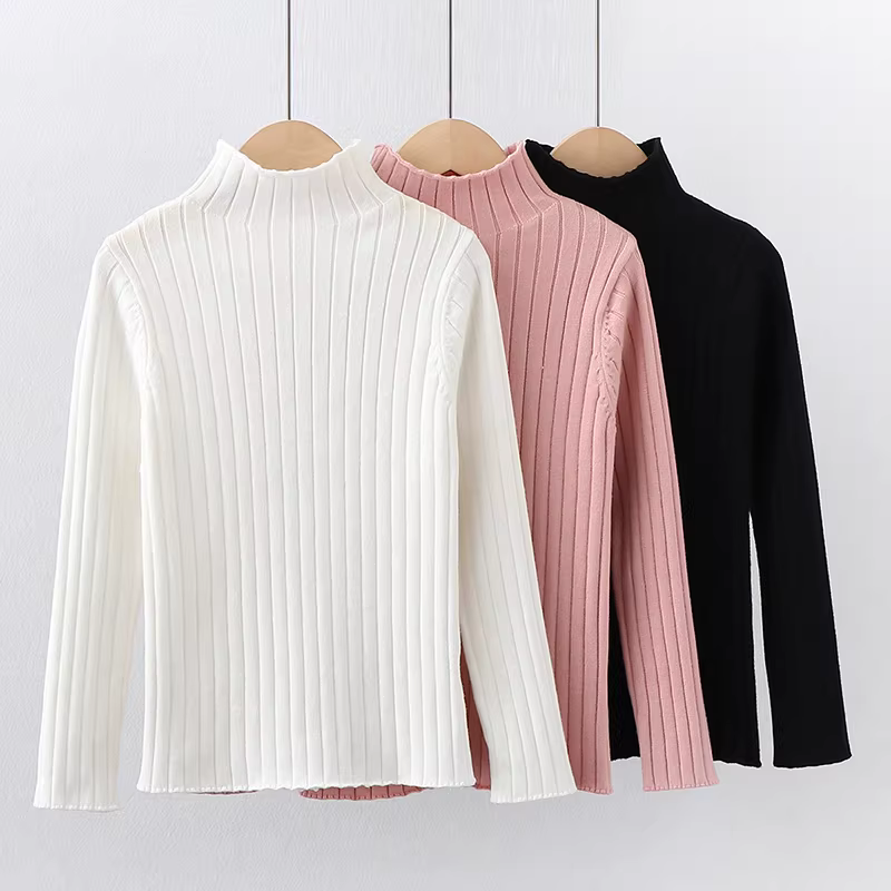 Áo len bé gái thu đông 2025 kiểu dáng thời trang mới, cổ nửa cao, lót lông, chất liệu dệt kim, áo trơn màu cho trẻ em