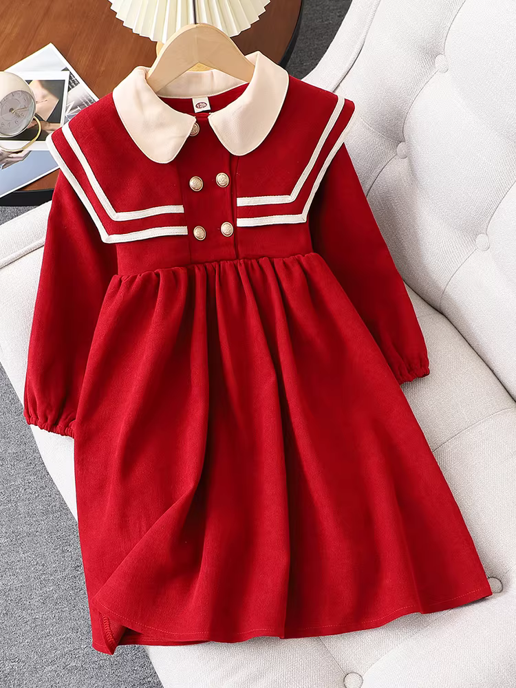 Váy bé gái có lớp lót lông cừu cho mùa đông 2025, váy Tết đỏ mới, váy công chúa Tết cho trẻ em.