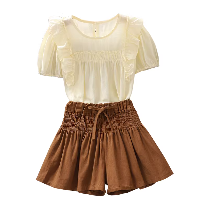 Bộ đồ nữ bé gái tay ngắn mùa hè 2025, thời trang trẻ em mới, áo sơ mi tay ngắn phong cách Hàn Quốc, quần culottes, bộ hai mảnh, quần áo mùa hè