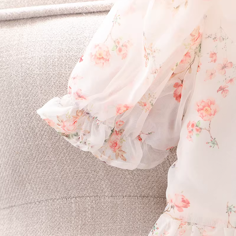 Váy voan mùa hè bé gái 2025 mẫu mới, váy ngắn tay họa tiết hoa, váy mùa hè mỏng, váy công chúa bé gái