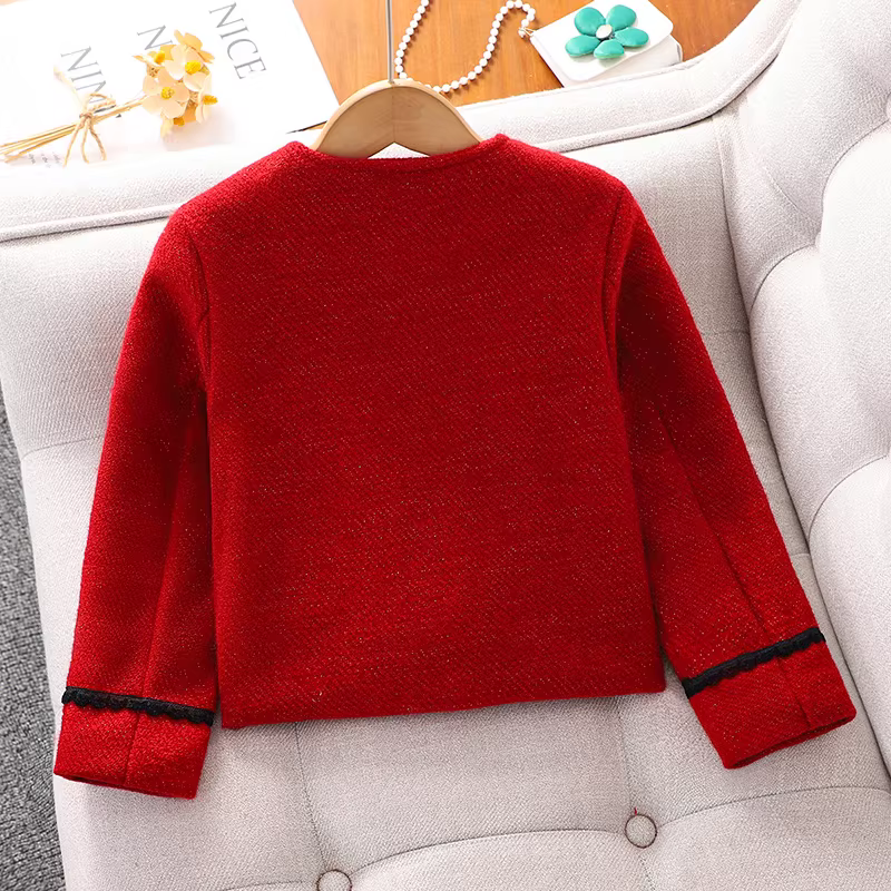 Áo khoác kiểu Chanel cho bé gái trang phục năm mới mặc mùa đông 2025 Áo khoác cotton dày màu đỏ năm mới cho trẻ em mùa thu đông Áo năm mới