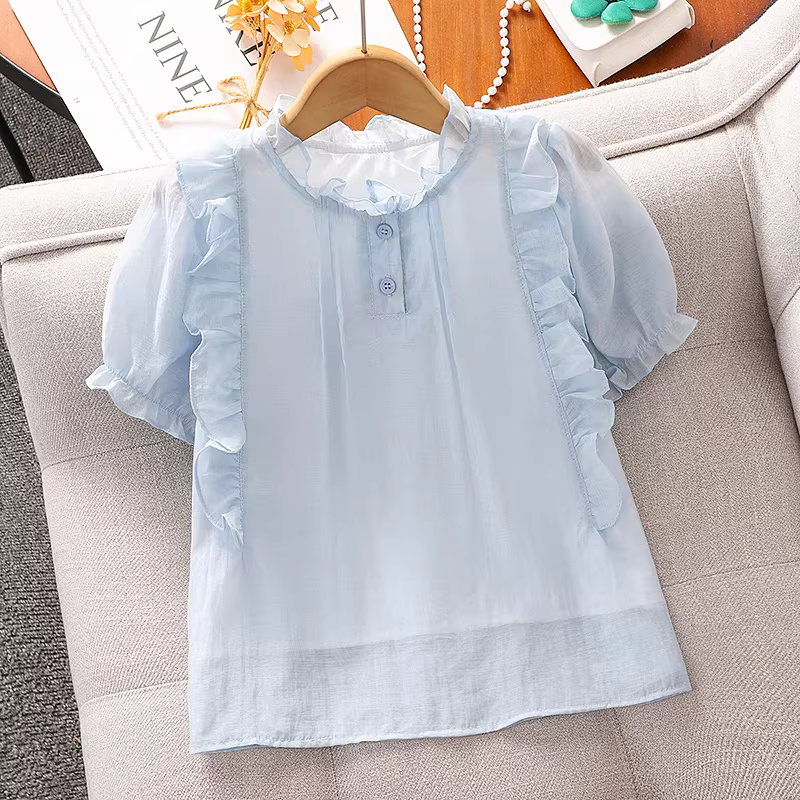 Áo thun bé gái kiểu Hàn Quốc mùa hè 2025, tay ngắn, chất liệu mỏng, kiểu dáng trẻ trung, năng động