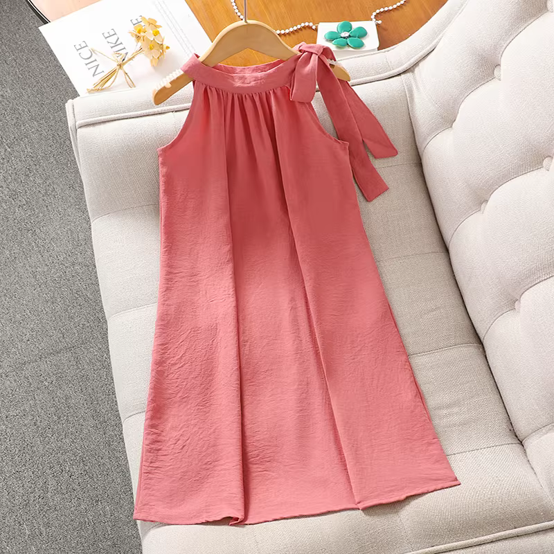 Váy liền thân không tay cổ halter cho bé gái mùa hè 2025 kiểu mới, váy dài kiểu vest cho bé gái lớn, váy đi biển mùa hè cho trẻ em