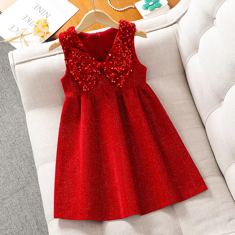 Bộ váy liền thân kèm áo gile lông cừu mùa đông màu đỏ cho bé gái, trang phục chào mừng năm mới cho bé gái