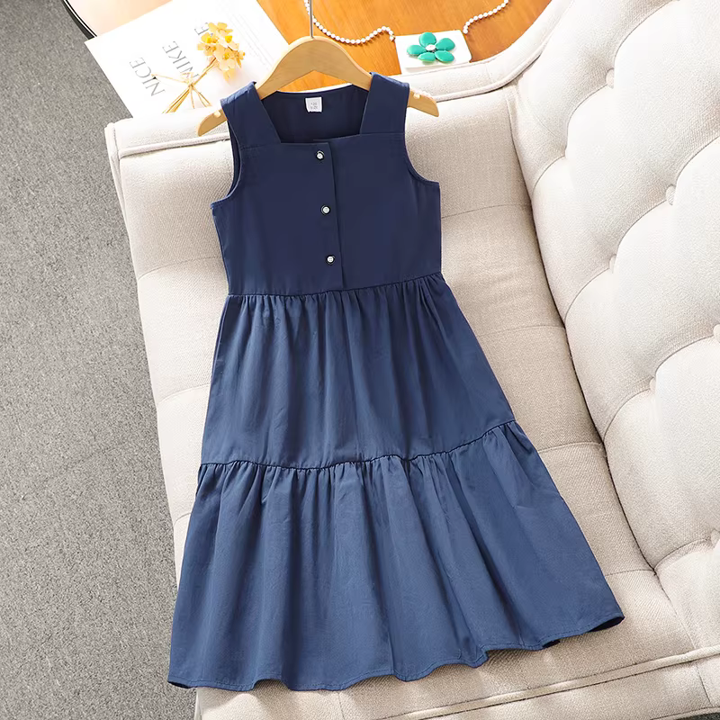 Váy liền thân không tay mùa hè 2025 kiểu mới cổ vuông dây đeo cho bé gái lớn, váy công chúa mùa hè thường ngày