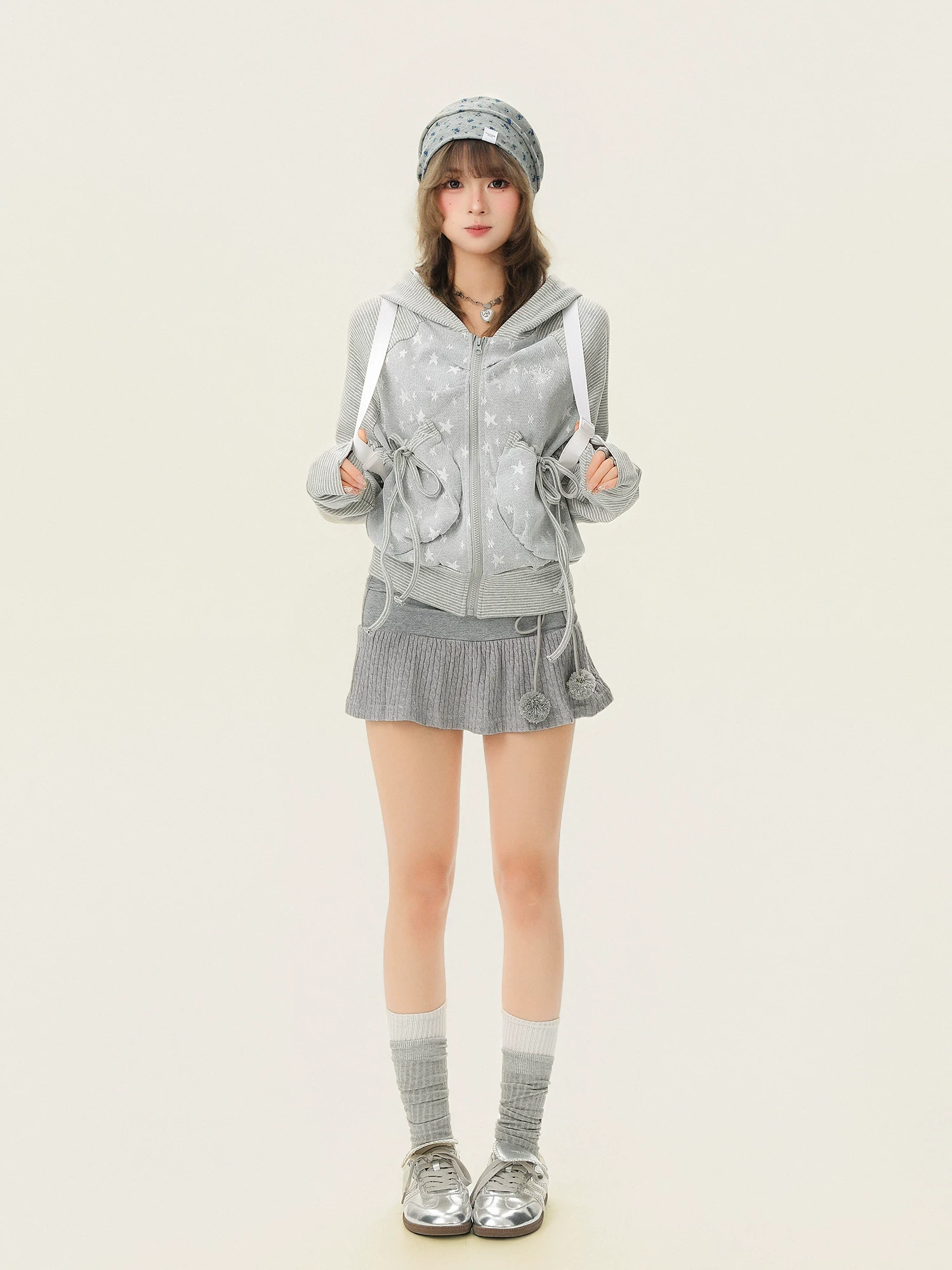 Áo nỉ có mũ trùm đầu kiểu Hàn Quốc ngọt ngào, họa tiết sao sọc, dành cho nữ, áo khoác cardigan ngắn thiết kế mùa xuân.