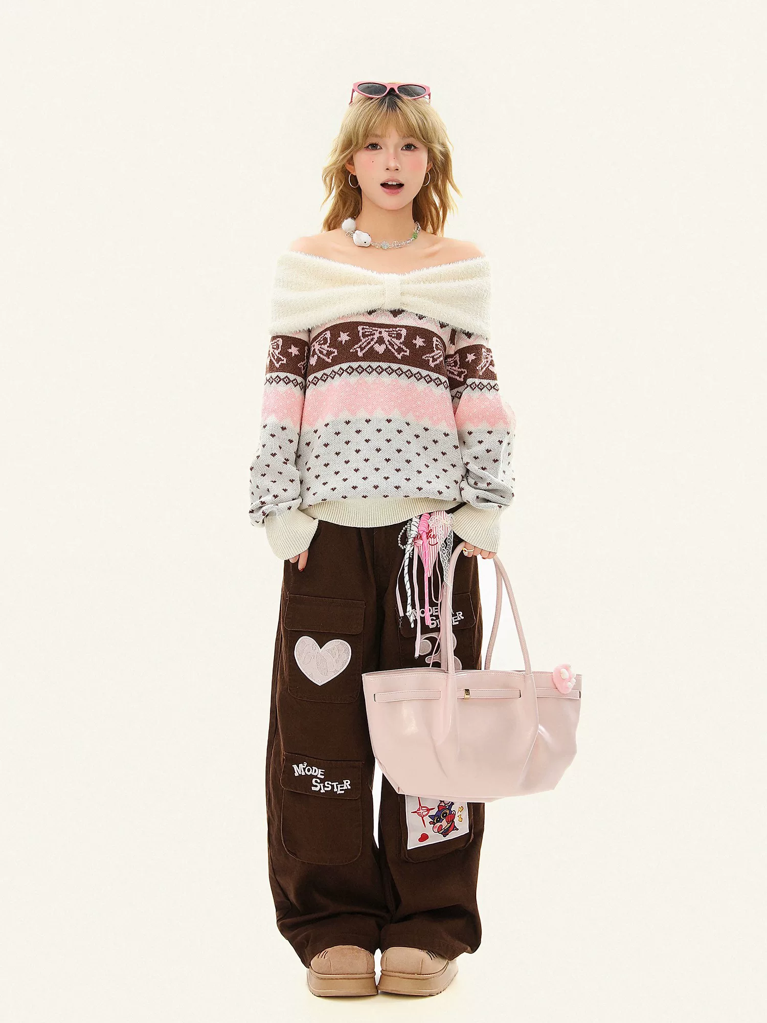 Áo len dệt kim một vai kiểu Fair Isle dành cho nữ, mùa thu đông, kiểu dáng rộng rãi và ấm áp.