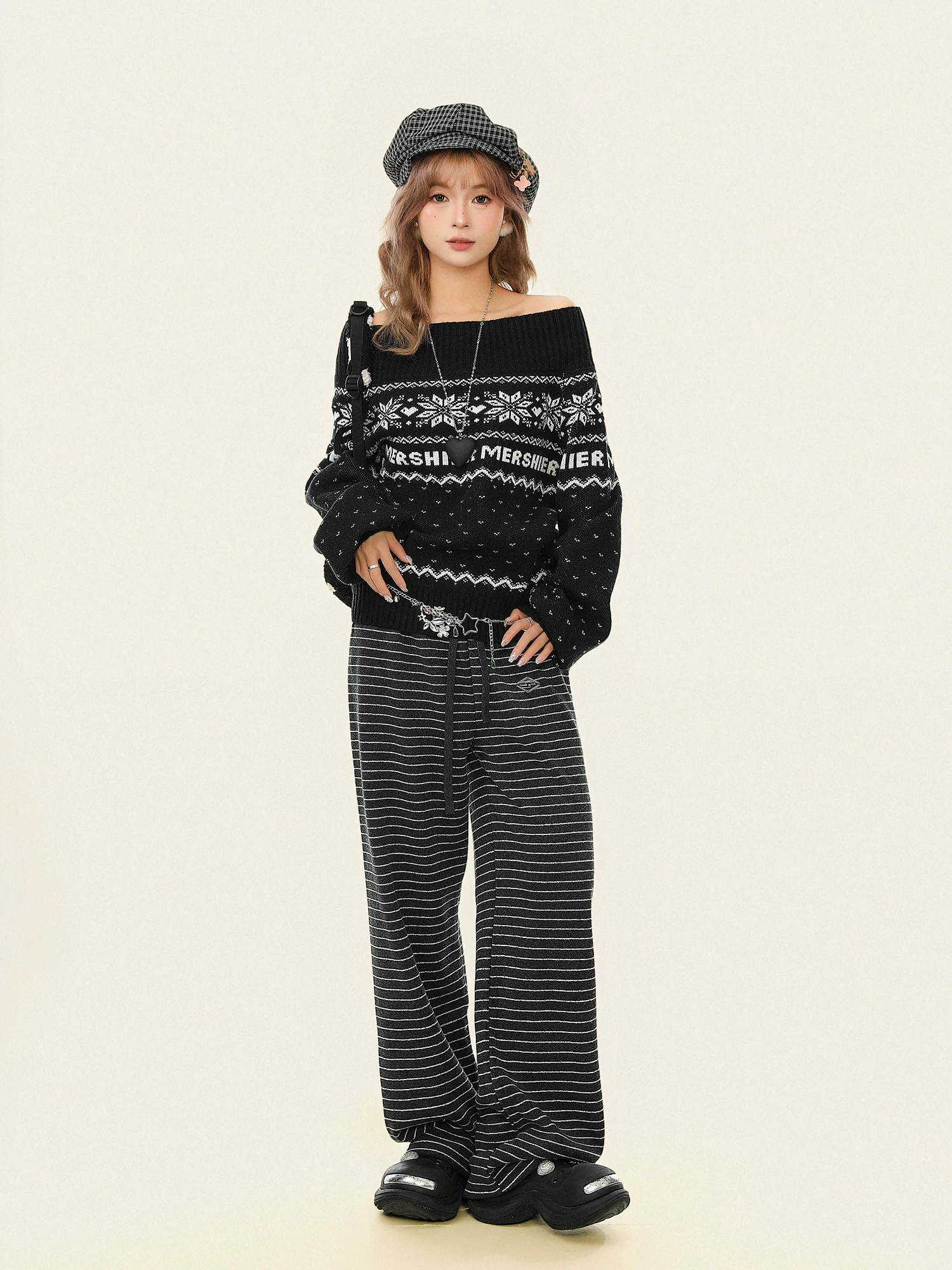 Áo len trễ vai kiểu Fair Isle phong cách Hàn Quốc dành cho nữ, kiểu dáng lười biếng mùa thu đông, áo len dệt kim rộng rãi kiểu Giáng sinh.