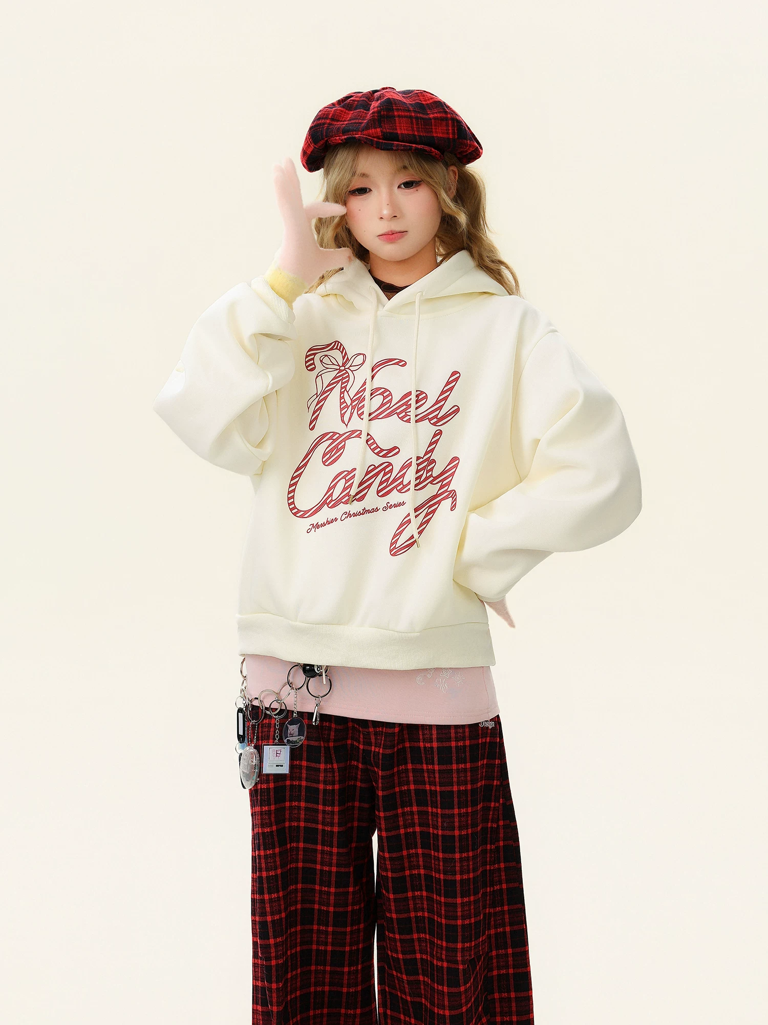 Áo nỉ có mũ trùm đầu in chữ Bulu Biscuit Bow dành cho nữ, áo hoodie đa năng dáng rộng mùa thu đông.