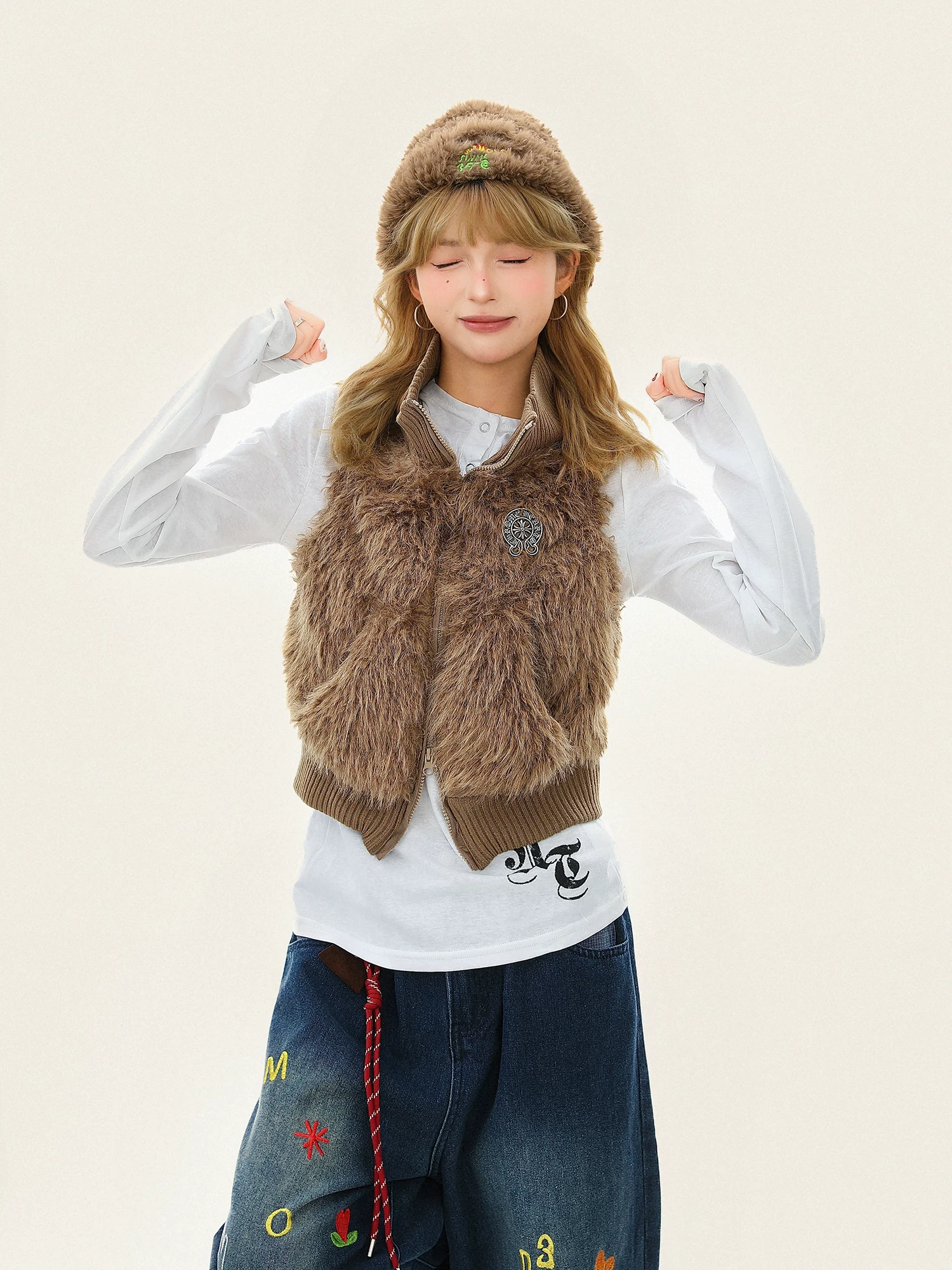 Áo vest cotton không tay kiểu Mỹ, cổ đứng, chất liệu lông mềm mại dành cho nữ, dáng ôm, đa năng, có thể mặc nhiều lớp, giữ ấm cho mùa thu đông.