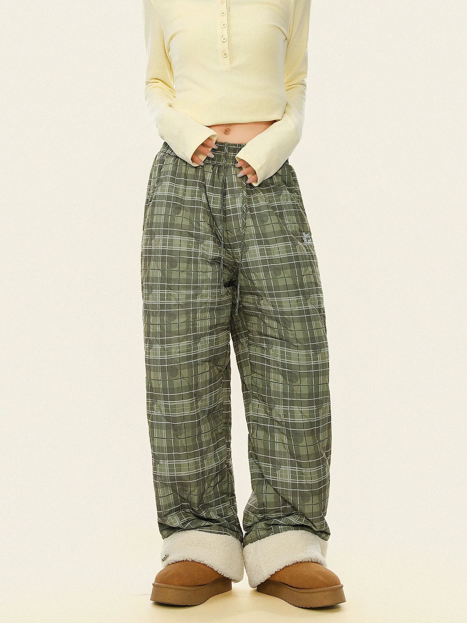 Quần cotton chắp vá bằng len cừu kẻ sọc dành cho nữ, quần ống đứng dày dặn phong cách lười biếng ấm áp mùa đông.