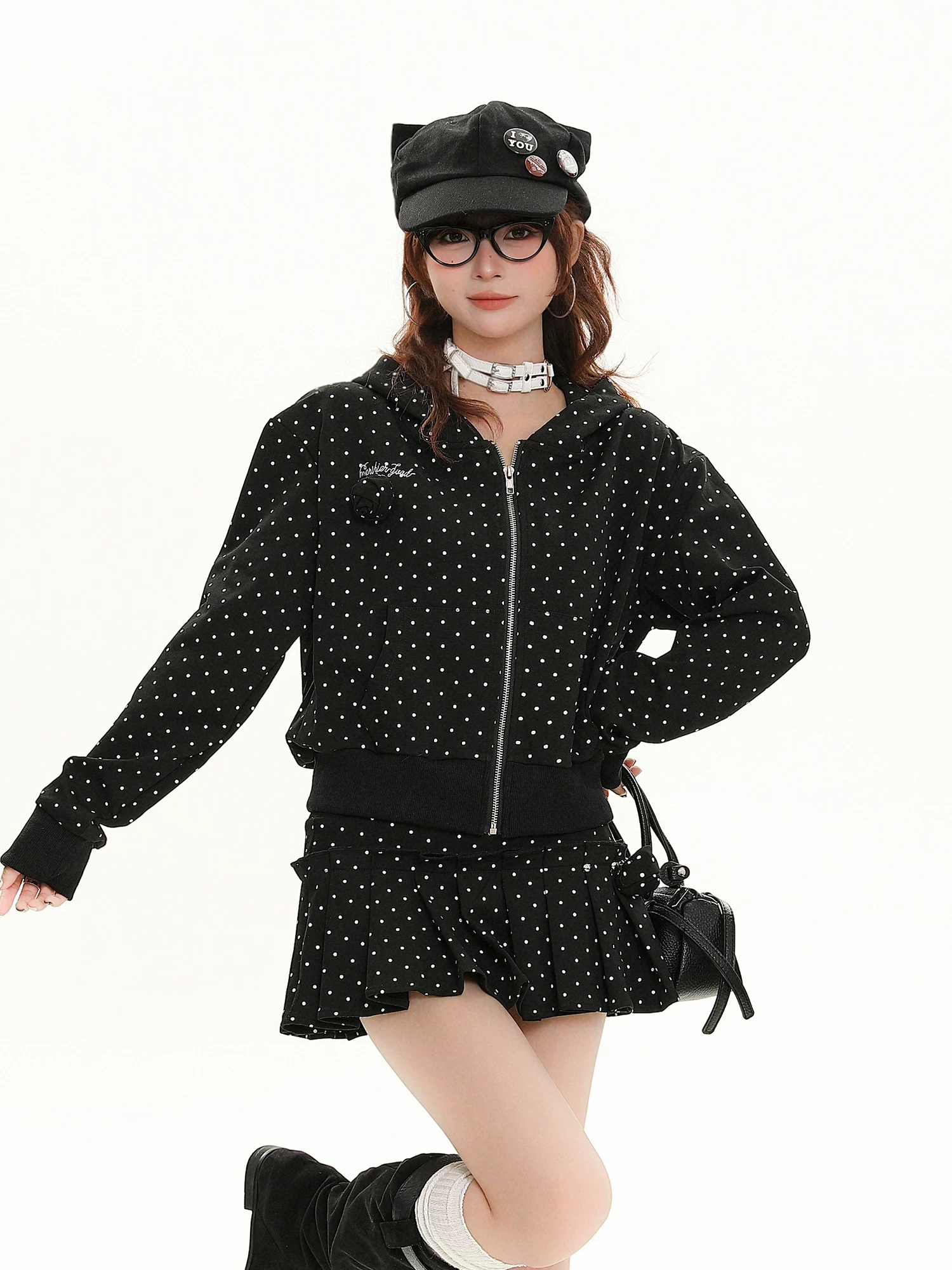 Bulu Biscuit American Retro Polka Dot All-Over In Áo khoác có mũ trùm đầu dành cho nữ 2025 Mùa thu Slim Fit Đa năng Áo ngắn.