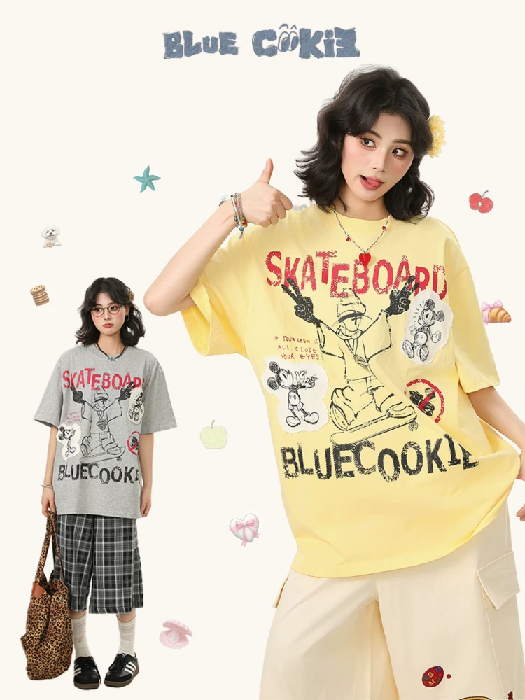 Áo thun ngắn tay kiểu graffiti đường phố kiểu Mỹ Bulu Biscuit dành cho nữ vào mùa hè, áo cổ tròn rộng rãi, thoải mái, giản dị và đa năng