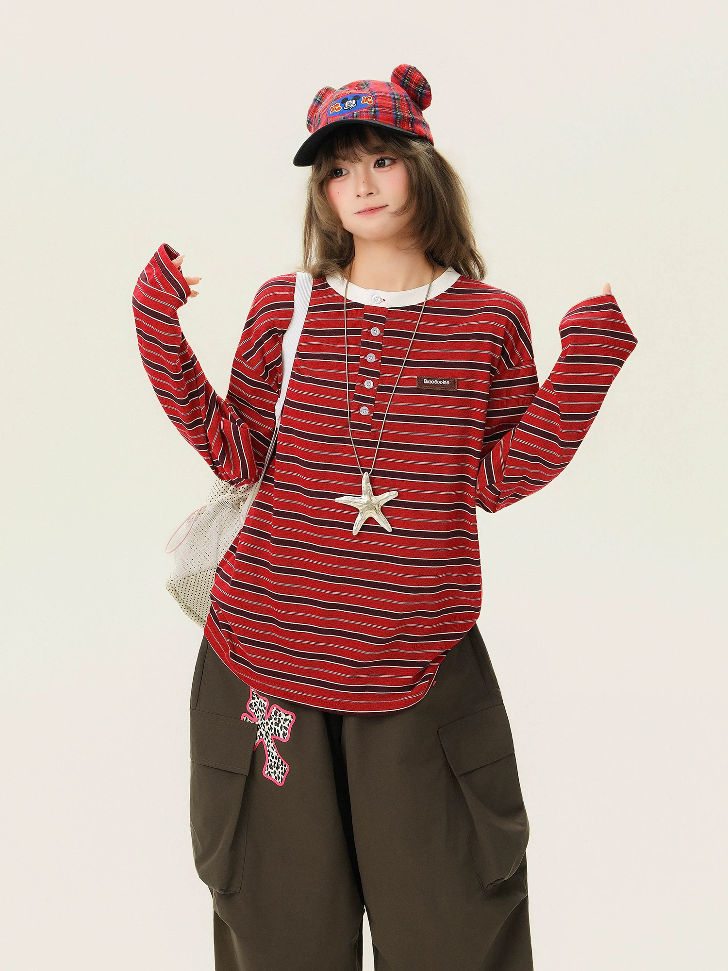 Áo thun nữ cổ Henley sọc retro Bulu Biscuit tay dài, kiểu dáng rộng rãi, phong cách thoải mái, đa năng mùa xuân 2026