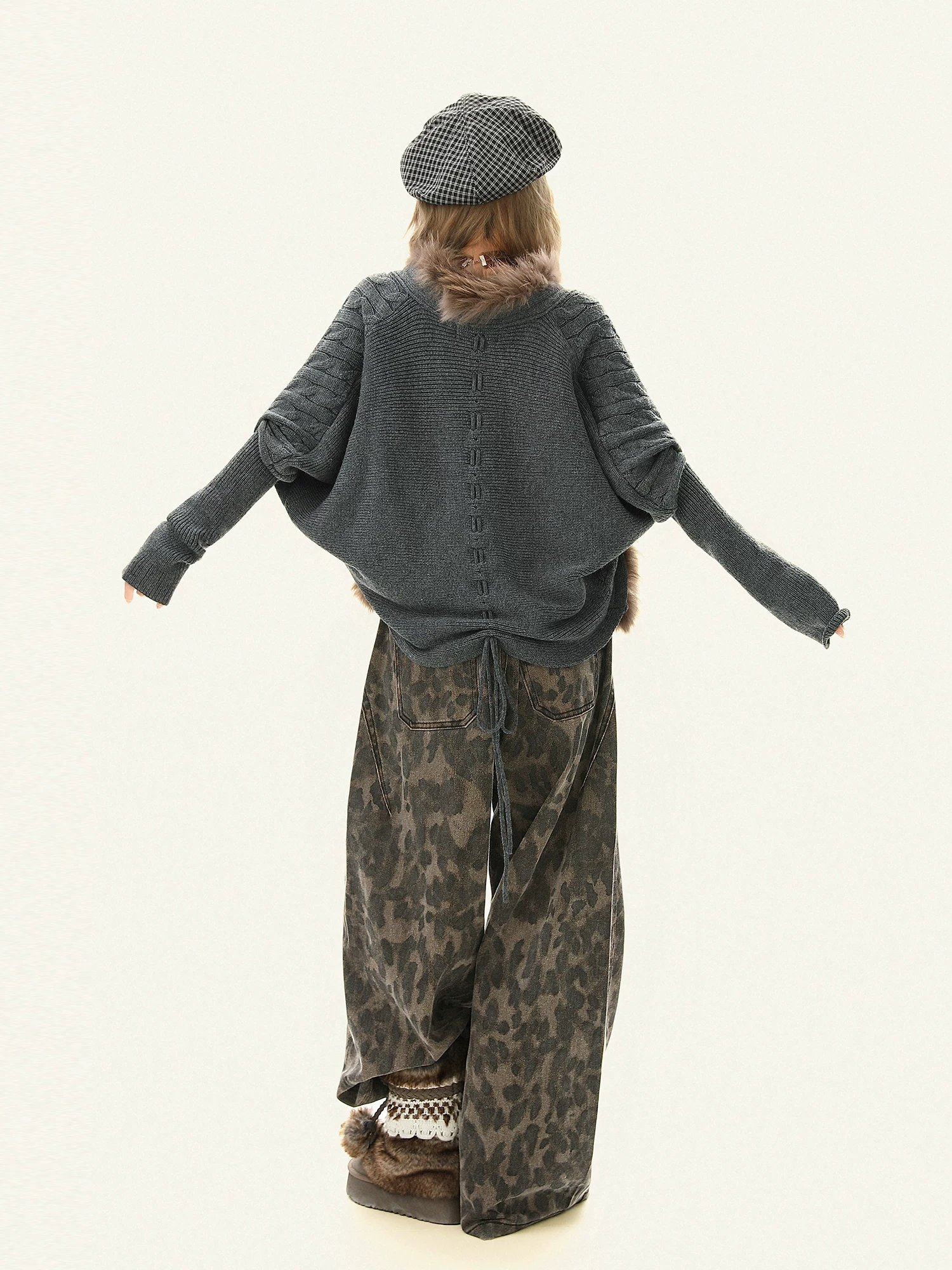 Áo len cardigan cổ lông Bulu Biscuit American Retro dành cho nữ, dáng rộng, đa năng, giản dị, áo khoác dệt kim sành điệu cho mùa thu đông.
