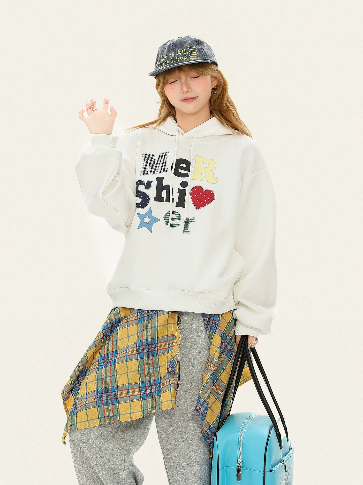 Áo hoodie in hình trái tim kiểu Mỹ cổ điển Bulu Biscuit dành cho nữ, áo hoodie dáng rộng thông thường mùa thu, đa năng.