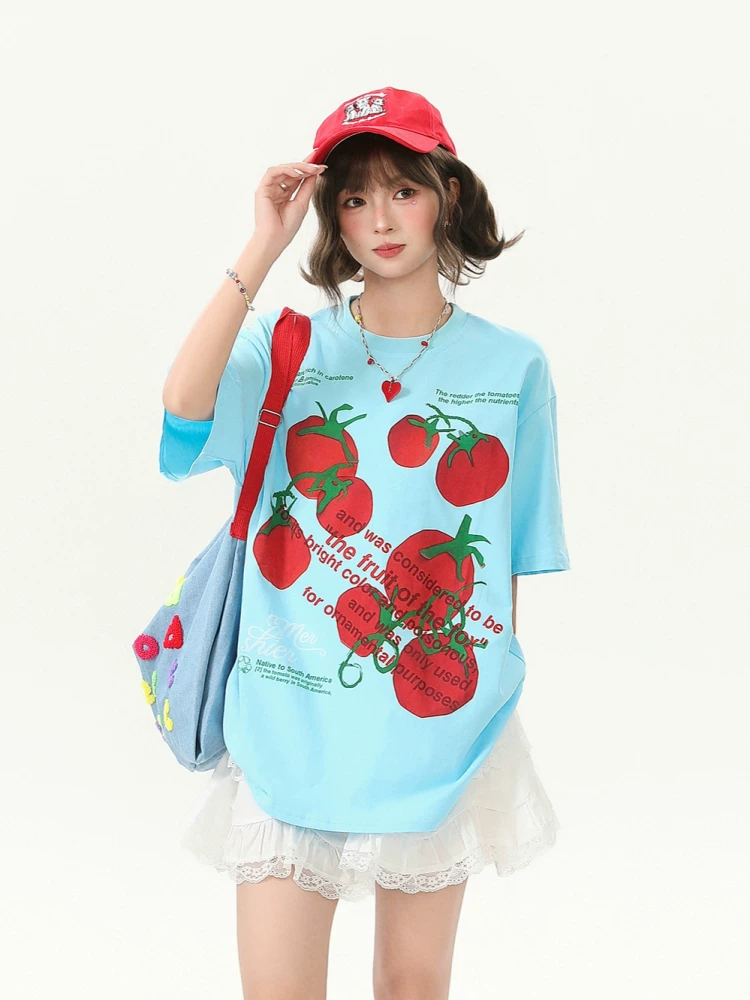 Áo thun ngắn tay in hình cà chua ngọt ngào Bulu Biscuit dành cho nữ, áo thun ngắn tay đa năng thông thường mùa hè dành cho nữ.