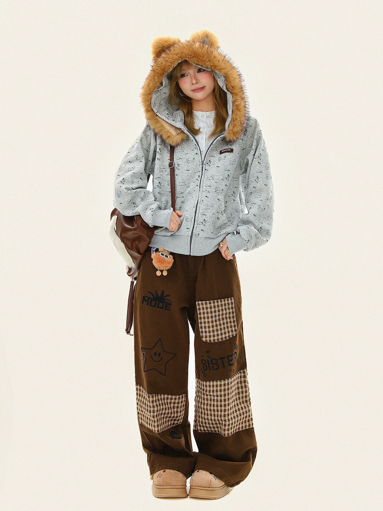 Áo khoác nỉ có mũ tai chó dễ thương và ngộ nghĩnh dành cho nữ, áo khoác cardigan rộng rãi lót lông cừu ấm áp mùa đông.