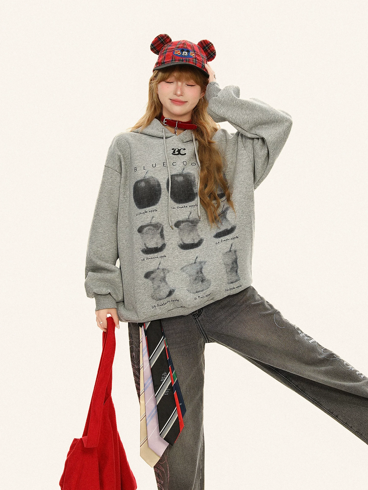 Áo hoodie có mũ trùm đầu màu xám in hình quả táo kiểu Mỹ Bulu Biscuit dành cho nữ, áo hoodie cặp đôi phong cách lười biếng mùa thu.