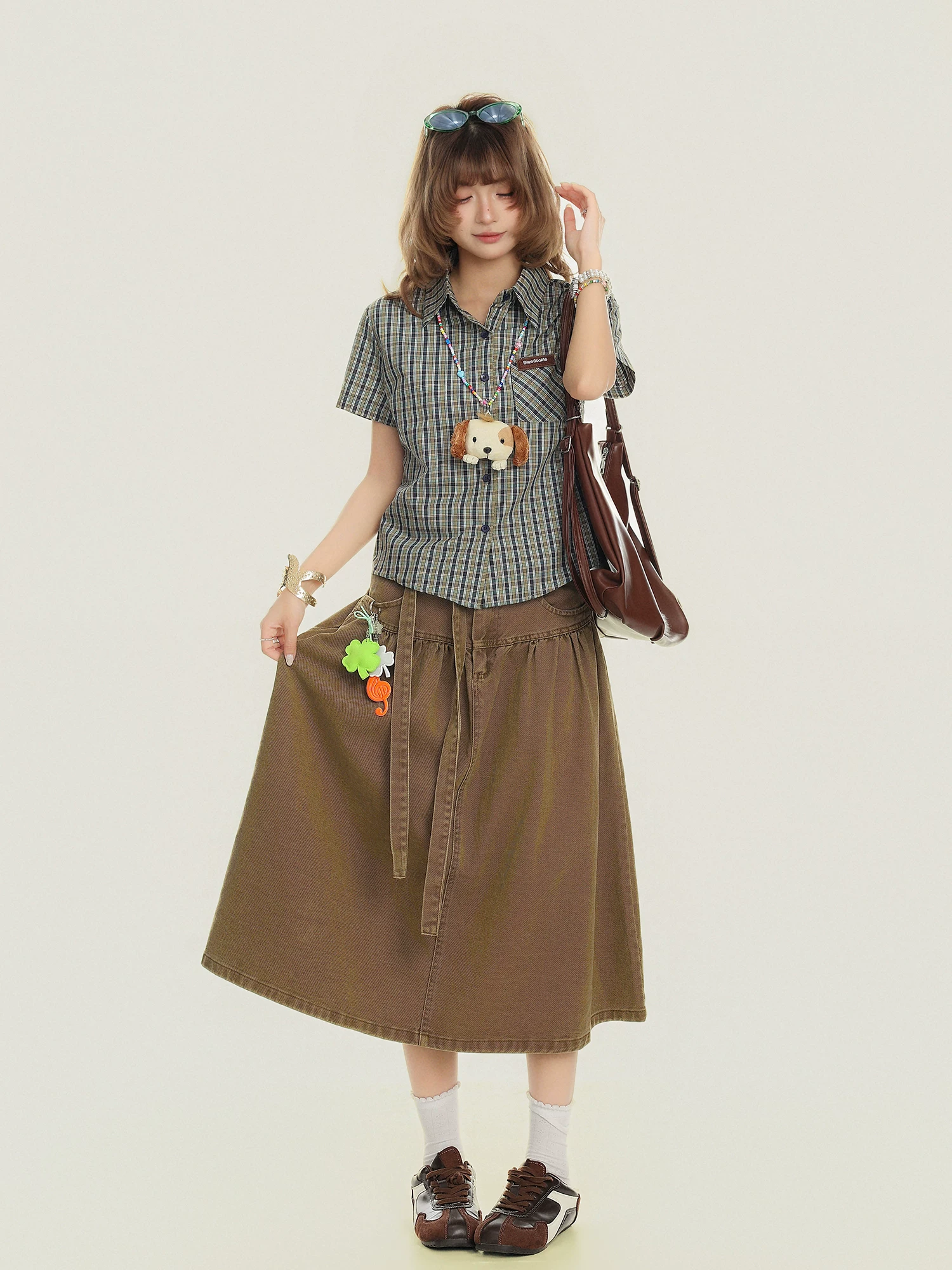Áo sơ mi ngắn tay kẻ sọc phong cách retro dành cho nữ, áo kiểu dáng ngắn vừa vặn đa năng mùa hè.