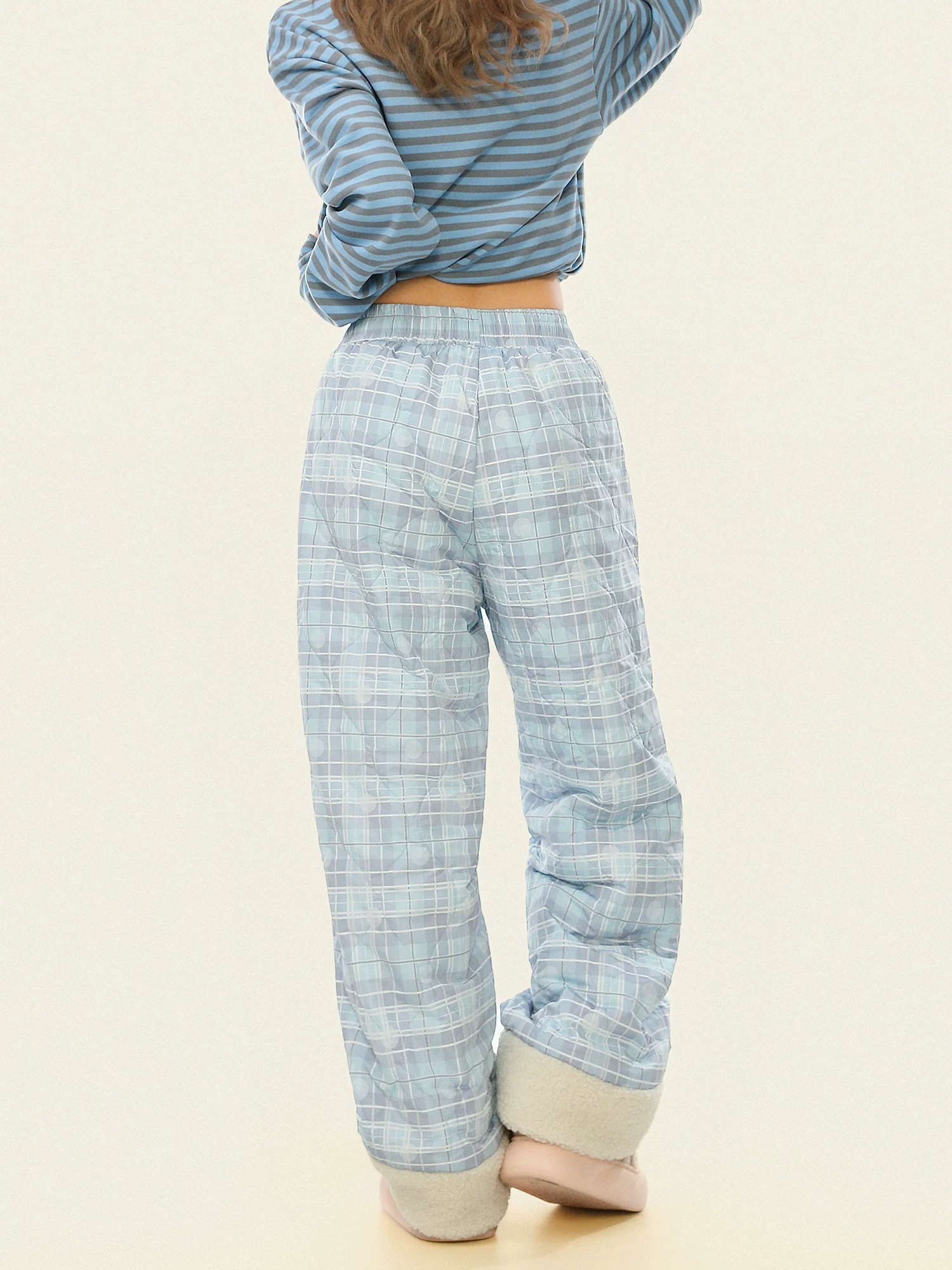 Quần cotton chắp vá bằng len cừu kẻ sọc dành cho nữ, quần ống đứng dày dặn phong cách lười biếng ấm áp mùa đông.