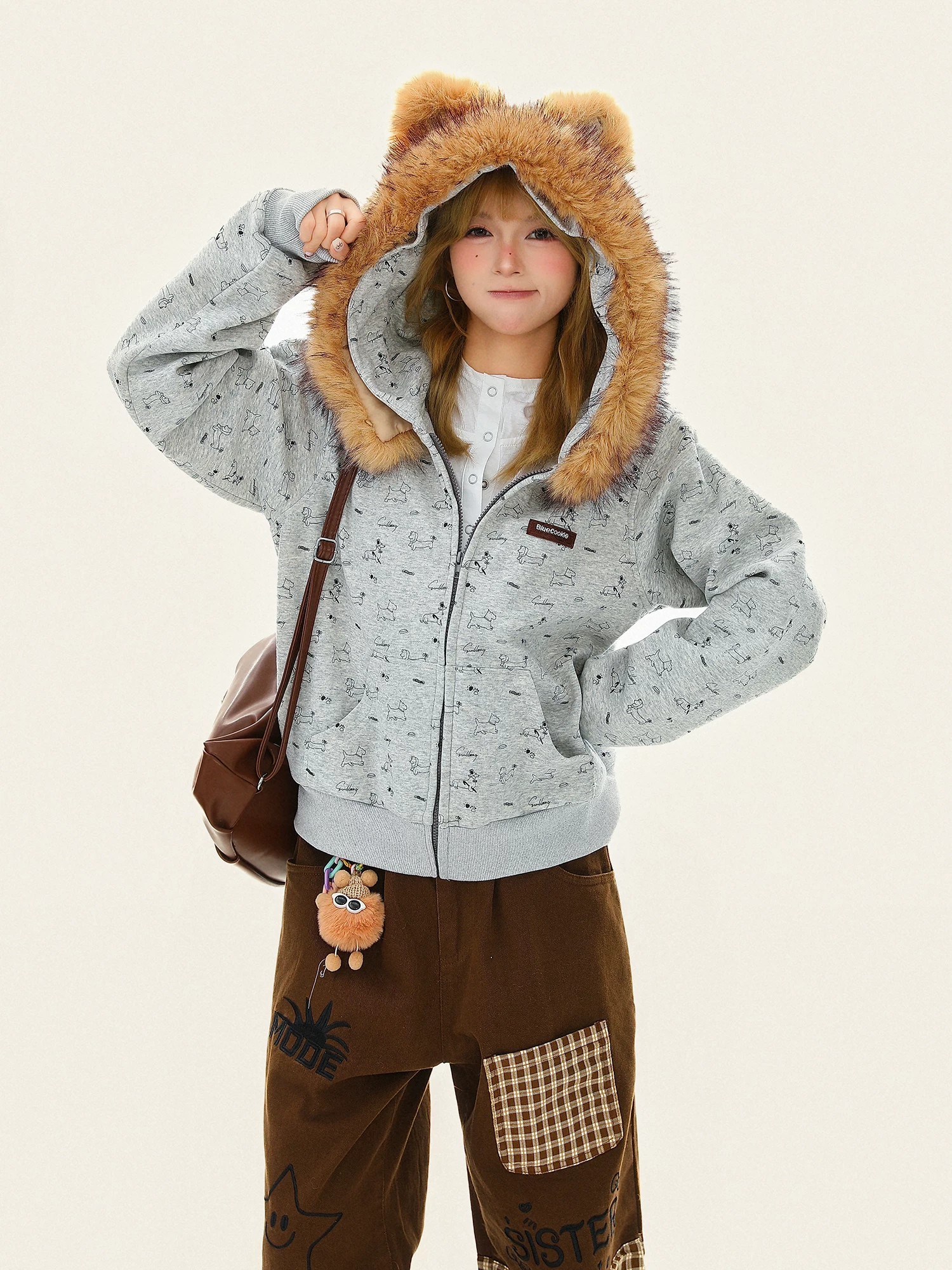 Áo khoác nỉ có mũ tai chó dễ thương và ngộ nghĩnh dành cho nữ, áo khoác cardigan rộng rãi lót lông cừu ấm áp mùa đông.