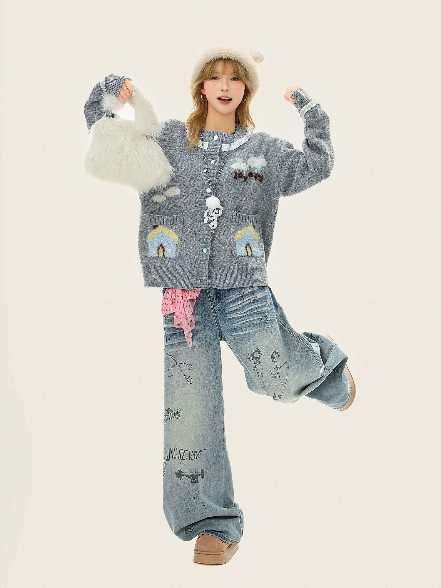 Áo len cardigan cổ tròn họa tiết hoạt hình vui nhộn lấy cảm hứng từ thiết kế Biscuit dành cho nữ, áo cardigan dệt kim dáng rộng thoải mái cho mùa thu đông.