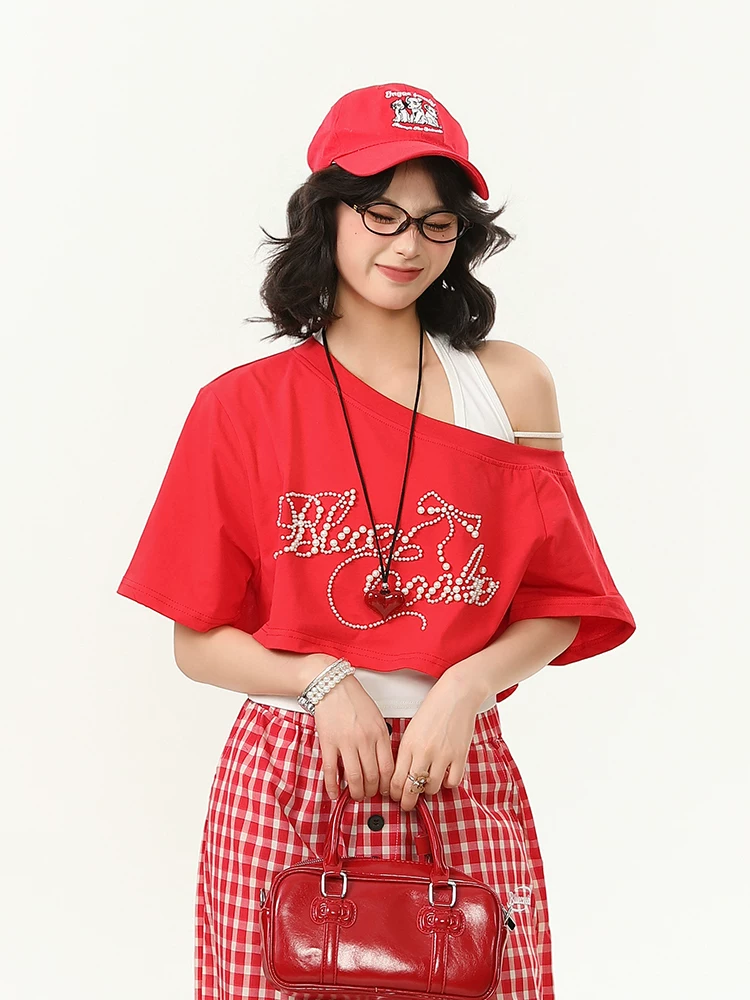 Áo thun ngắn tay trễ vai Bulu Biscuit Sweet Pearl dành cho nữ, áo ngắn dáng rộng mùa hè và bộ hai mảnh áo vest.